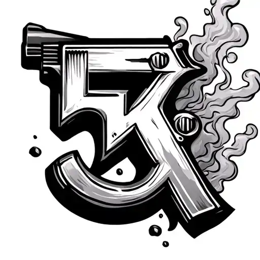 The Number 5 And K With Smoke Coming Out With Bullet Holes With A Gun Next To It