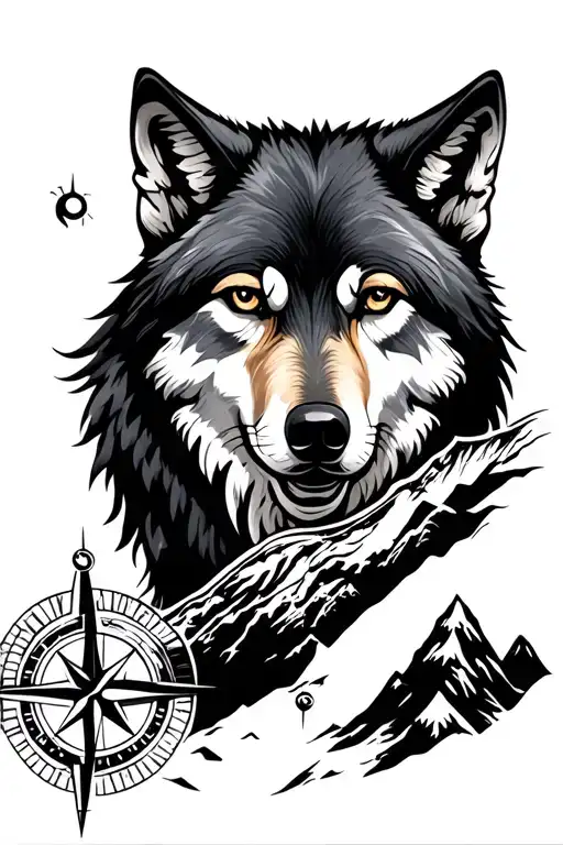 Wolf And Mountains With Compass Concept
