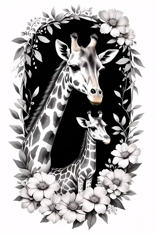 Mum And Son Giraffe Surrounded By Flowers