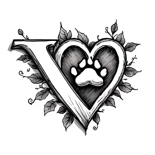 Letter V Handwritten A Heart And A Dog's Paw