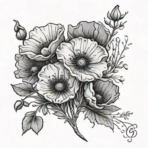Medium Sized Black And Grey Tattoo Of California Poppys For Left Pec