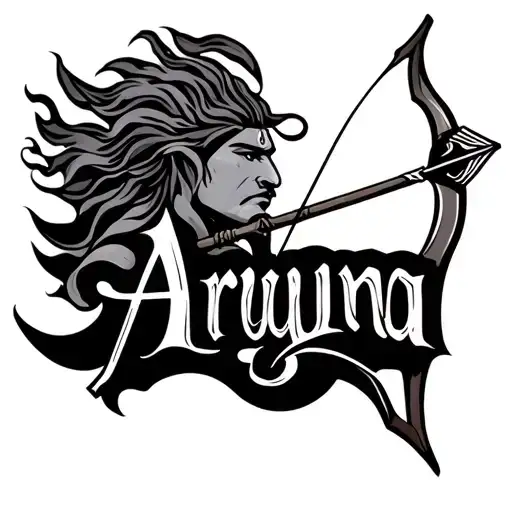Arjuna Name Tattoo With Bow And Arrow