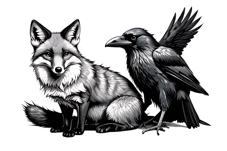 A Fox Sitting With A Raven Standing Next To The Fox