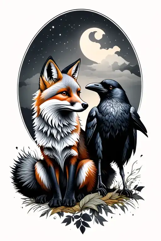 A Fox Sitting With A Raven Standing Next To The Fox