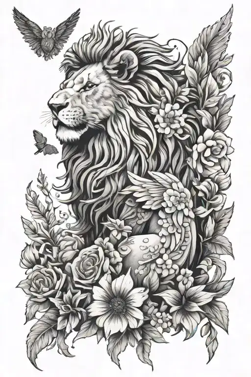 Lion With Wings Among Flowers In Full Height