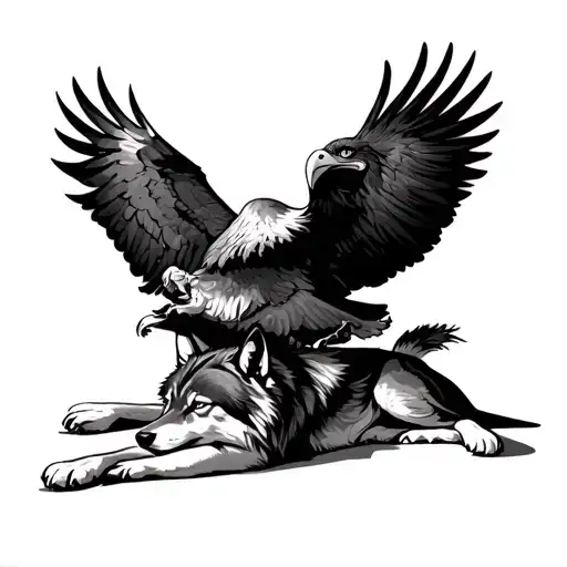 A Wolf Lying On The Ground And A Eagle Is Eating Him