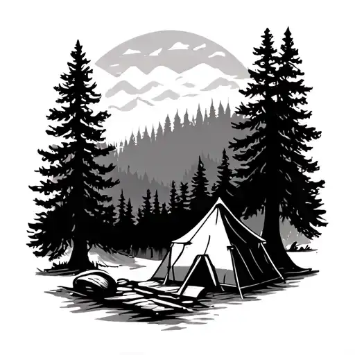 A Peaceful Camping Scene With A Forest Backdrop And A Subtle Hook Design