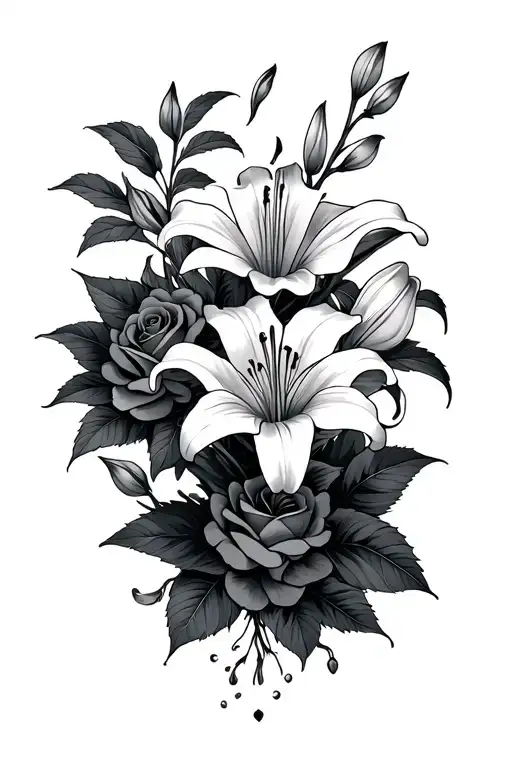 Oriental Lily And Roses Surrounded