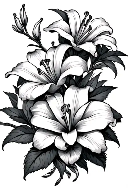 Oriental Lily And Roses Blooming