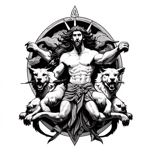 Greek Inpired Tattoo Of Hades With Cerberus In The Background