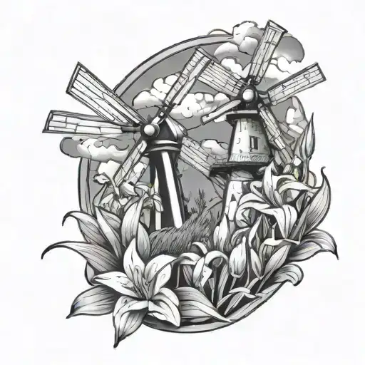 Wind Mills In A Field Of Lilys Surrounding