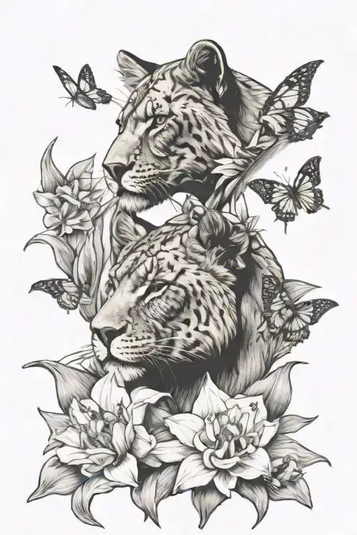 Daffodils Under A Lioness Looking Up To Butterflies
