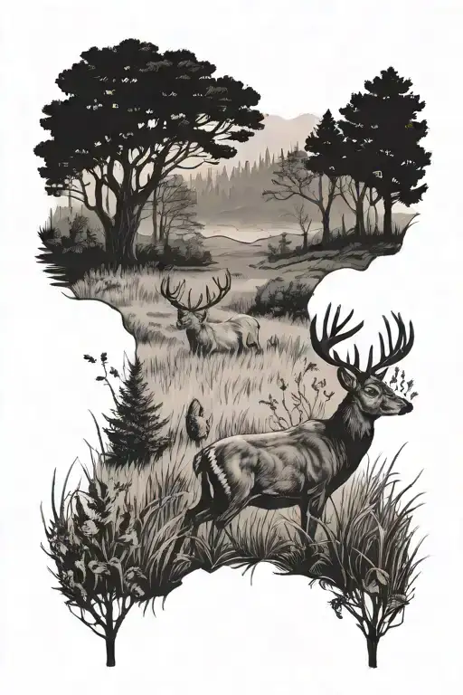 Field Overlooking Woods With A Buck And Doe