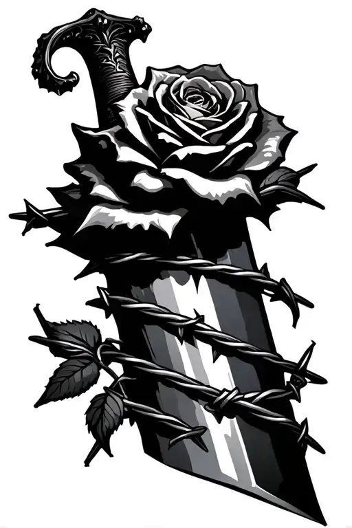 Sword Wrapped With Barbed Wire And Rose With Glare