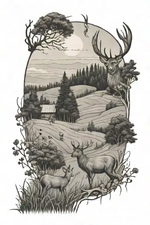 Field Overlooking Woods With Deer In The Background