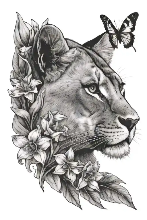 Daffodils Under One Lioness Looking Up To Butterflies