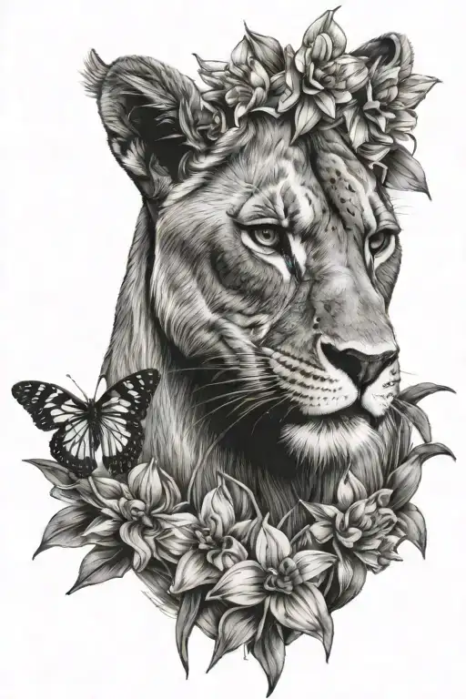 Daffodils Under One Lioness Looking Up To Butterflies