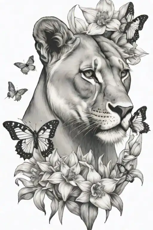 Daffodils Under One Lioness Looking Up To Butterflies