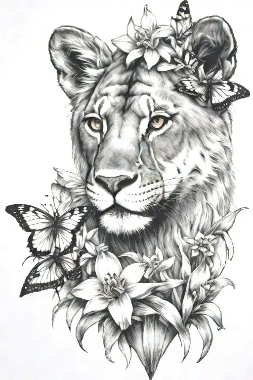 Daffodils Under One Lioness Looking Up To Butterflies Above