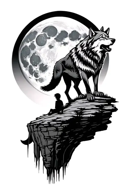 Wolf Howling At The Moon On Cliff Edge With Little Boy Sitting On Cliff Edge Below Wolf