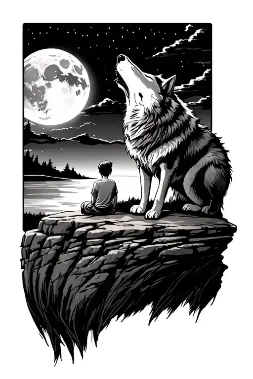 Wolf Howling At The Moon On Cliff Edge With Little Boy Sitting On Cliff Edge Below Wolf