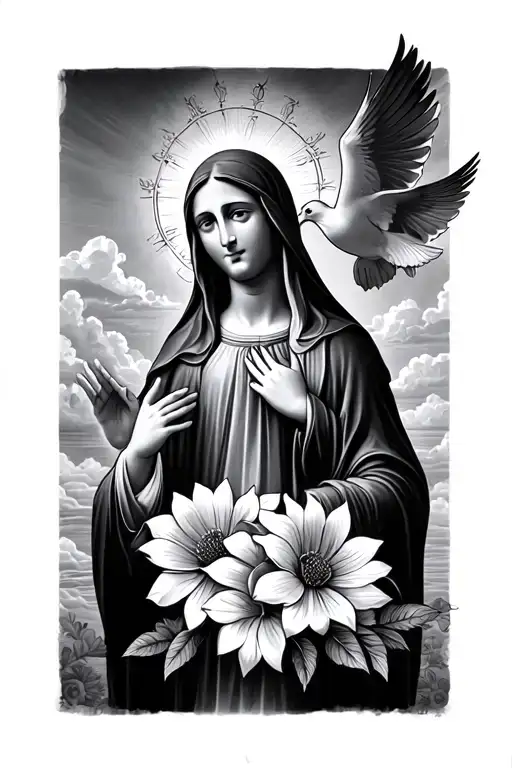 Virgin Mary Flowers Dove Sky