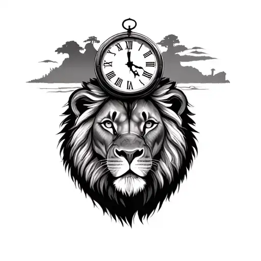 I Want A Lion's Head With A Broken Clock On Top And A Savannah Setting Below