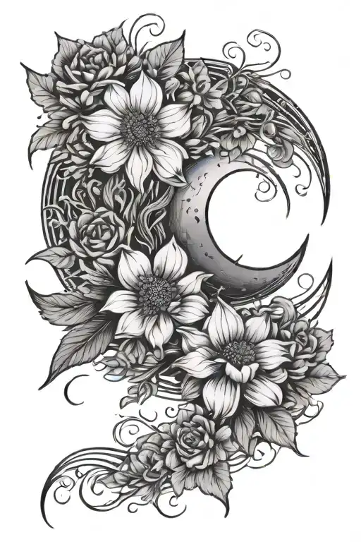 Moon And Flowers And Lines Connecting Different