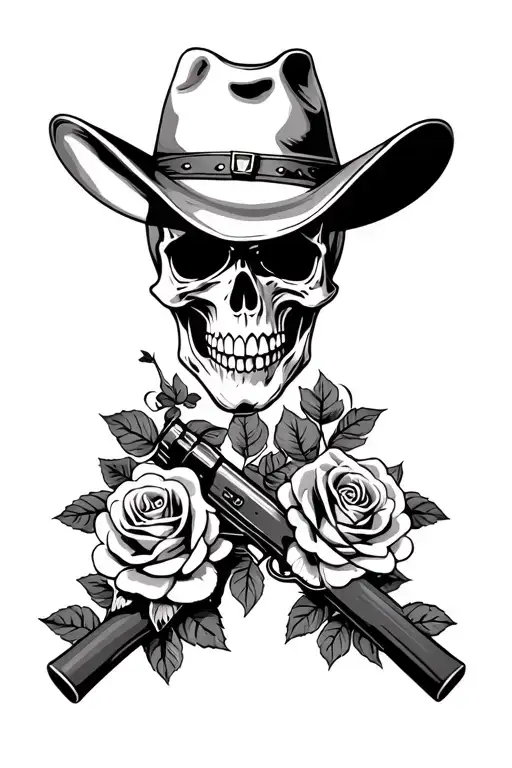 Skull Wearing A Cowboy Hat With A Rifle And Roses Surrounding