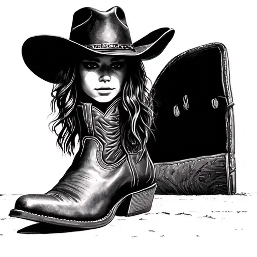 Cowgirl Pencil Drawing Boots And Hat Detailed Silhouette Standing Full Length Basic