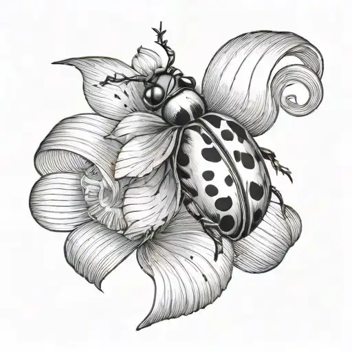 Bow With A Ladybug On A Tail Of The Ribbon Fine Line