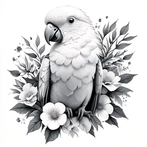 Mini White Parrot Sitting On Flowers
