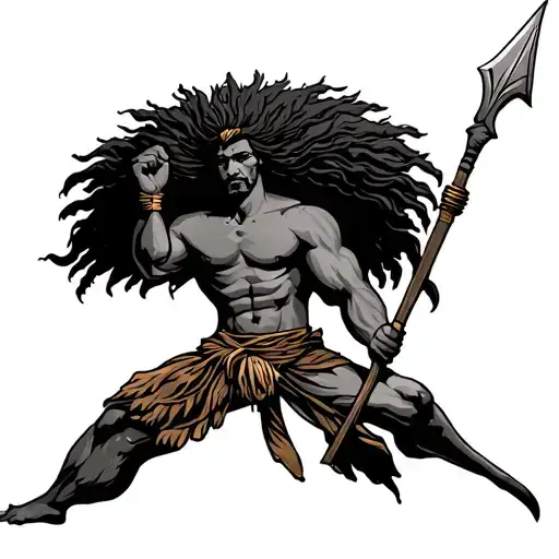 Ancient Canaanites Male Skinny And Tall With Afro Hair Tattoo Holding Spear