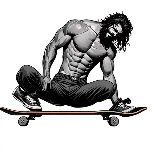 Weed With Hairy Muscular Shirtless Man On A Skateboard