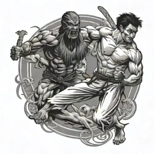 Warrior Karate Man Fighting Off Beast Shadowed