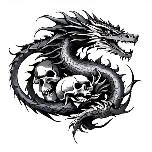 Dragon And Skulls Coiled On The Right Arm