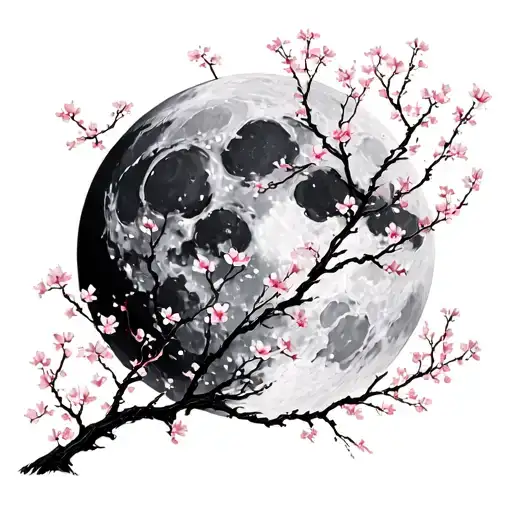 Moon With Sakura Tree Branches In Cybersigilism Style