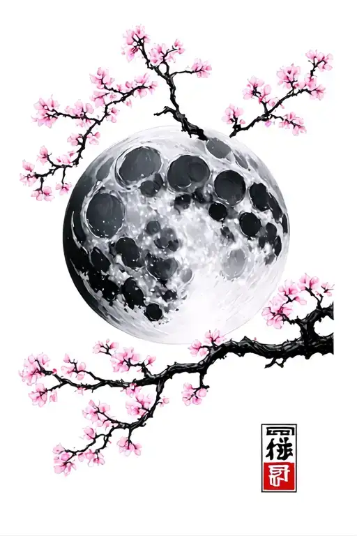 Moon With Sakura Tree Branches In Cybersigilism Style