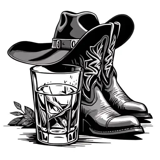 Cowboy Boots And Hat Glass Of Whiskey