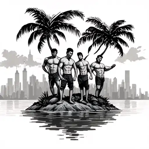 4 Guys On An Island With A City Skyline In The Background