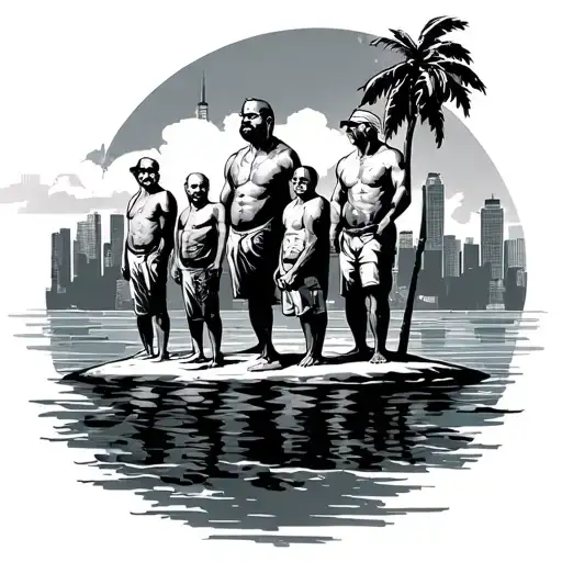 4 Middle Aged Guys On An Island With A City Skyline In The Background