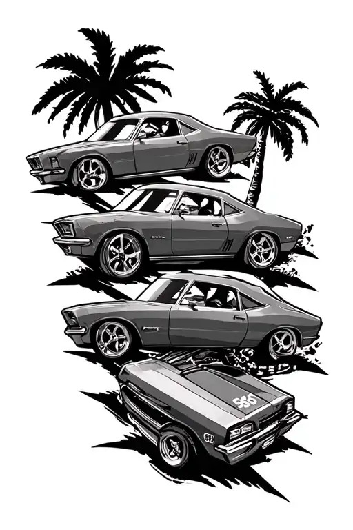386 On Top Of 3 Nascars With Palm Trees On Side If Cars