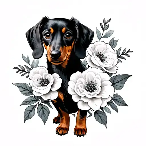 Dachshund And Carnation Flowers