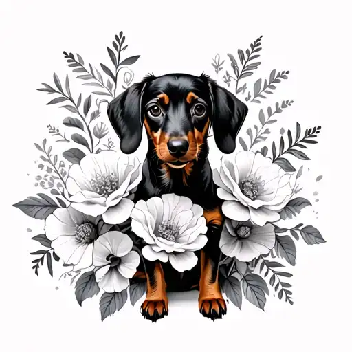 Dachshund And Carnation Flowers