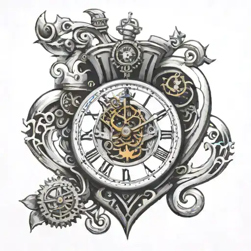 Clockwork Heart Tattoo With Anchor Pendulum Clock