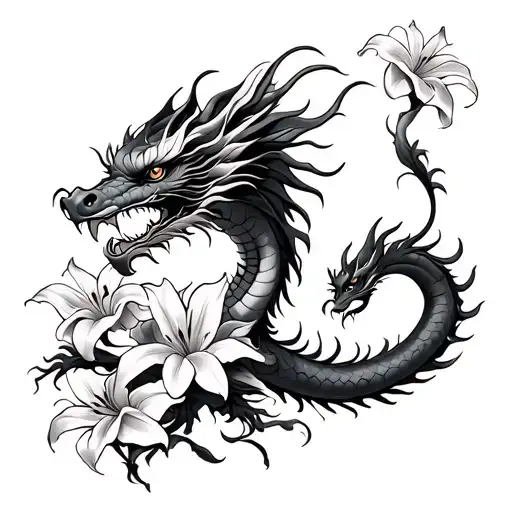 Long Chinese Dragon With Lillies