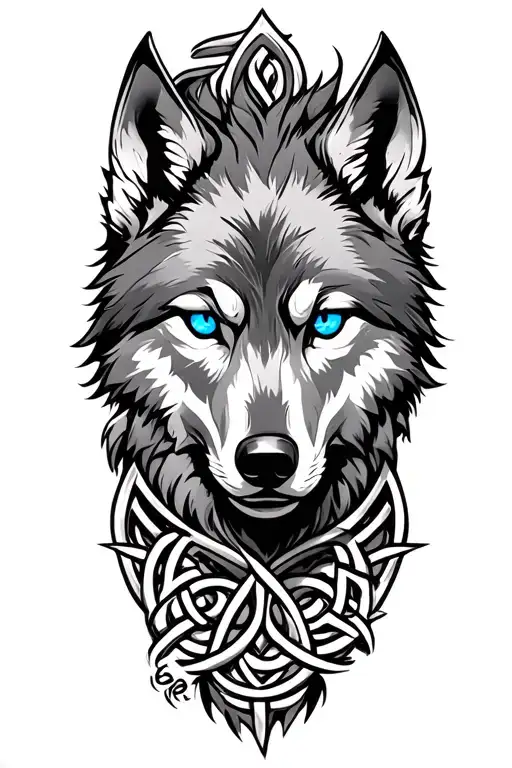 Wolf With Blue Eyes On Armor Tattoo Design Featuring Celtic Trinity Knot