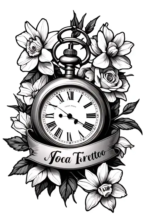 Pocket Watch Surrounded By Roses And Narcissus Flowers And A Banner