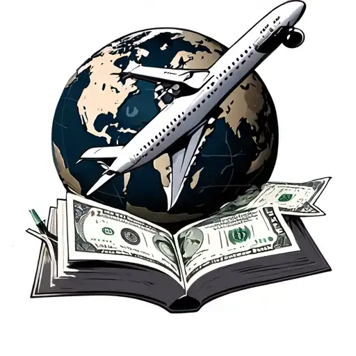 Airplane Flying Around The World With An Open Book Under It Laying On Money