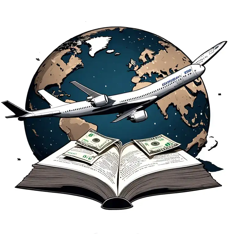 Airliner Flying Around The World With An Open Book Under It Laying On Money